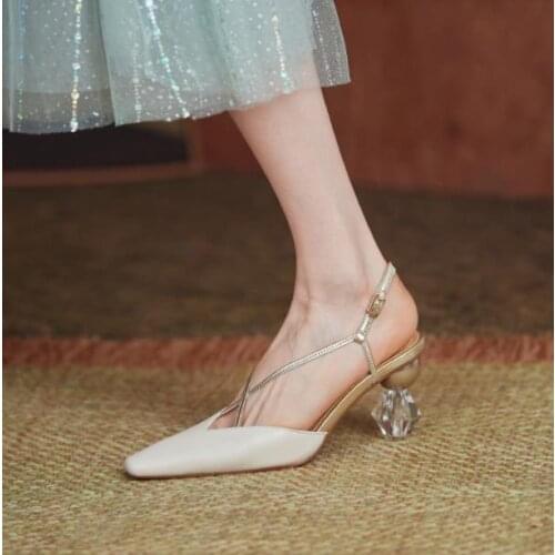7CM crystal shaped high-heeled collocation skirt sandals 2021 summer new style buckle pointed French womens shoes white
