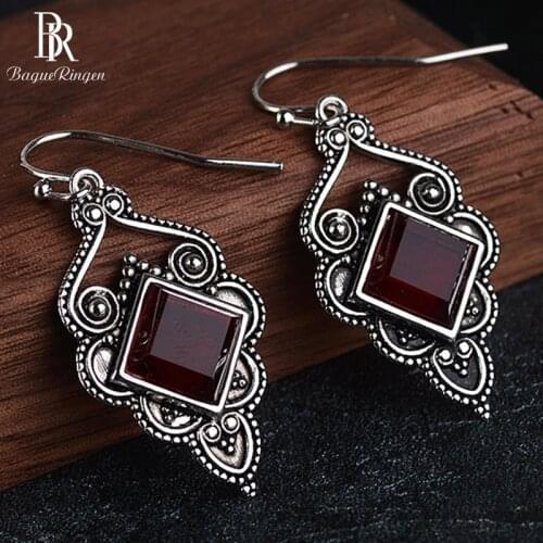 Bague Ringen Vintage Thai Silver 925 Jewelry Gemstone Earrings for Women Square Ruby Auspicious clouds Party Accessories GIFT
