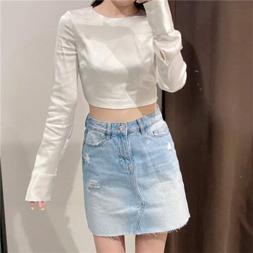 TRAF Women 2021 Fashion Round Neck Long Sleeve Satin Top Sexy Tie Rope Vintage Backless Short Shirt Streetwear