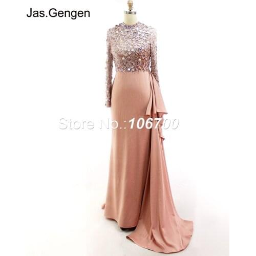 Real Photos Long Sleeves Mermaid Evening Dress High Neck Hand Made Crystal Beading Ruffle Long Crepe Fabric New Prom Gowns