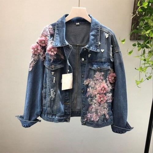 Autumn New Women Denim Jacket Fashion Beading Embroidery Hole Jean Coat Flowers Causal Loose Pink Flower Outwear