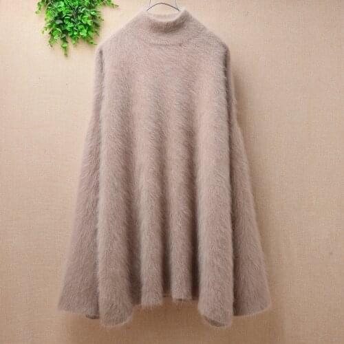 Ladies women winter thick warm hairy angora rabbit fur medium turtleneck long flare sleeves mink cashmere loose plus size jumper