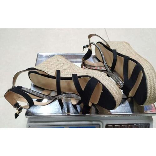 Ladies Bling Rhinestone Drilled T- Strap Sandals Open Toe Rope Braided Wedge Heels Black Apricot Suede Summer Beach Shoes