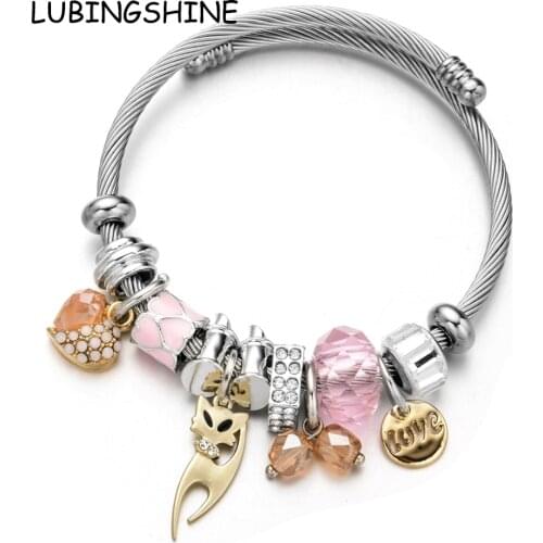 Love Heart Cat Charms Bracelets for Women Girl Crystal Bead Stainless Steel Adjustable Open Cuff Wire Cable Bangles DIY Jewelry