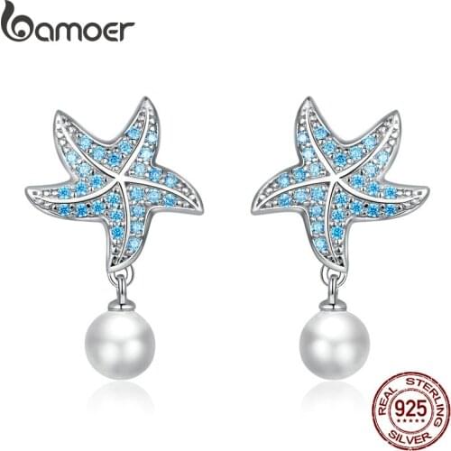 Bamoer Genuine 925 Sterling Silver Ocean Blue Starfish with Pearl Stud Earrings for Women Engagement Statement Jewelry BSE405