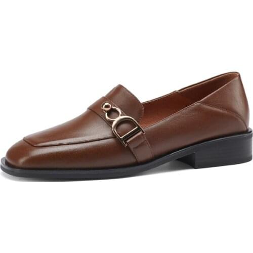 GUIDIBASIC2021Genuine Cow Leather Womens Shoes Loafers Deep Mouth Heel Retro Rubber Sole French Retro Low-Heeled Handmade