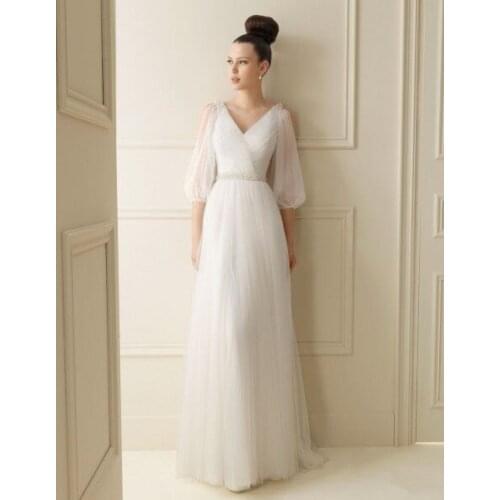 Free shipping maxi dress 2015 ivory handmade V-neck long sleeve elegant crystal beaded white long bridal gown Bridesmaid Dresses
