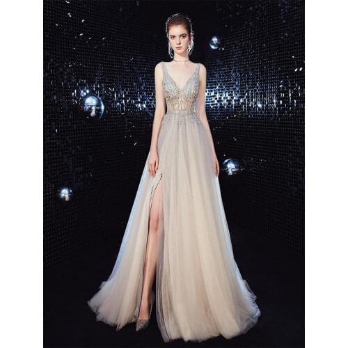 Платье Sexy Sheer V Neck Sleeveless Evening Dress A Line Beaded Long Party Dresses Women Evening With High Slit Evening Gown