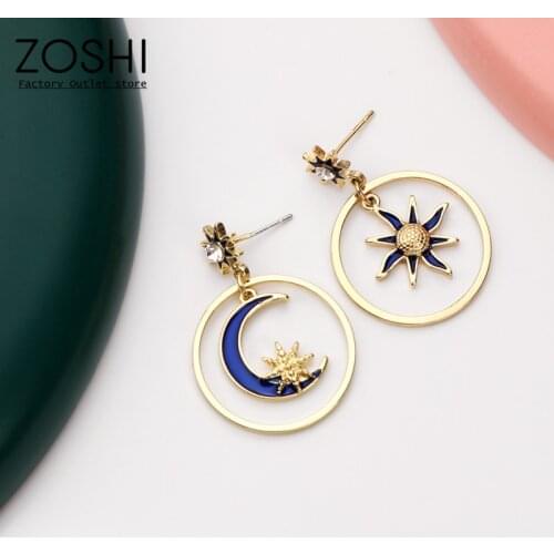 1 Pairs Gold Plated Crystal Round Asymmetrical Style Star And Moon Earrings New Fashion Suitable for Girls Or Ladies Gifts
