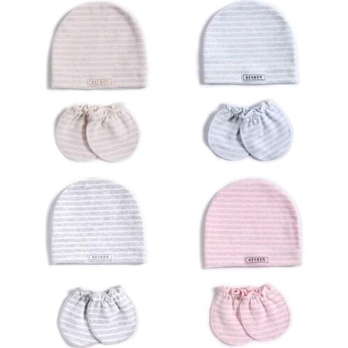 2 Pcs/set Simple Newborn Baby Births Cap Glove Set Soft Cotton Kids Infants Anti-scratch Gloves Hat Gifts E06F