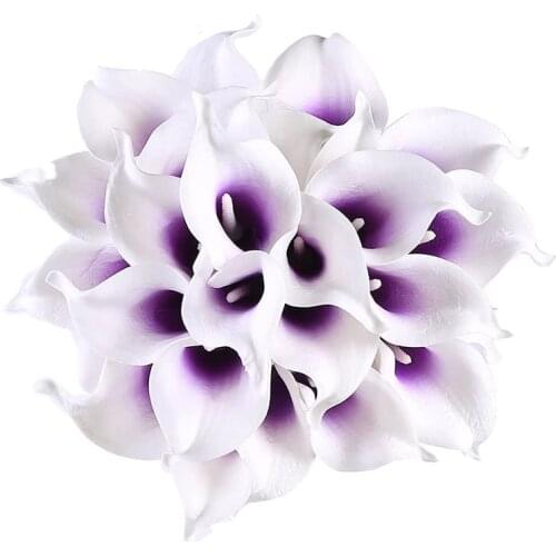24Pcs Artificial Calla Lily Flowers for DIY Bridal Wedding Bouquet Centerpieces Home Decor(Purple in White)