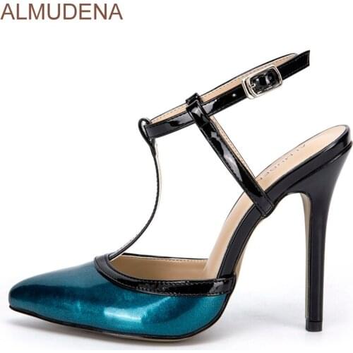 ALMUDENA High End Lake Blue Pearlescent Patent Leather Dress Pumps Color Patchwork High Heel Shoes Slingback T-bar Buckle Shoes