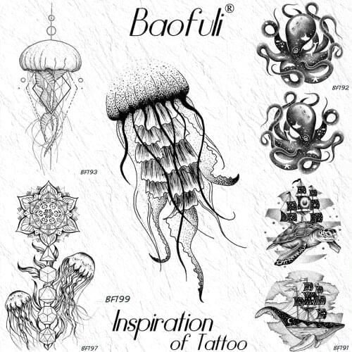 Baofuli Black Jellyfish Painting Temporary Tattoo Sticker Marine Life Waterproof Tattoos Women Men Body Art Arm Hand Fake Tatoo