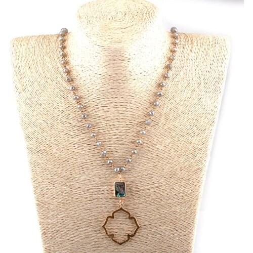 Free Shipping Fashion Bohemian Tribal Jewelry 6mm Glass Rosary Chain Crystal Shell Lip Charm Necklace For Women Ethnic Necklace