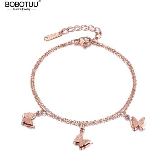 BOBOTUU Trendy Jewelry Rose Gold 2 Layers Stainless Steel Bracelet 3 Butterfly Charms Link Chain Bracelets For Women BB18181