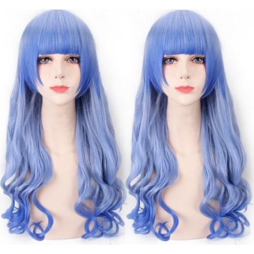 Anime Harajuku Lolita Long Wavy Wig Cosplay Costume Synthetic Hair Mix Blue Ombre Wigs For Women Perucas