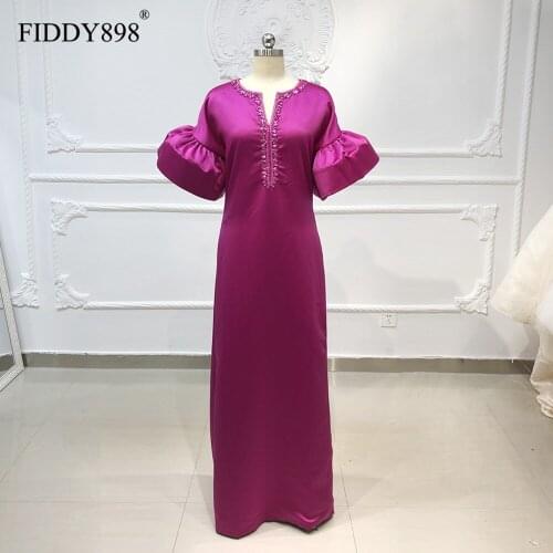 Dubai Evening Dresses Long Caftan V Neck Sheath Satin Evening Gown 2020 Prom Dress Beaded Floor LengthRobe de Soiree