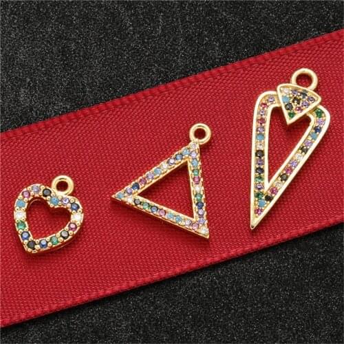 Julie Wang Copper Heart Triangle Charms With Colorful Rhinestone Golden Tone Pendant Bracelet Alloy Jewelry Making Accessory