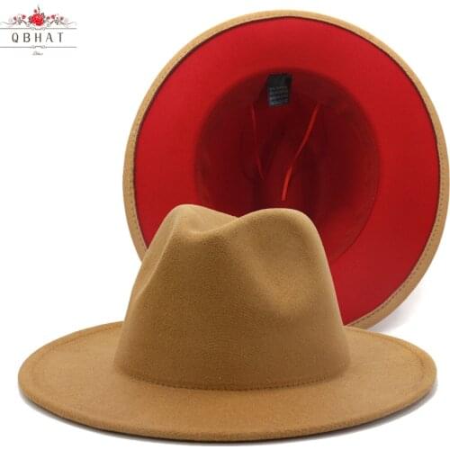 QBHAT Tan Red Patchwork Wool Felt Jazz Fedora Hats Wide Brim Women Men Party Wedding Cowboy Trilby Panama Gambler Hat
