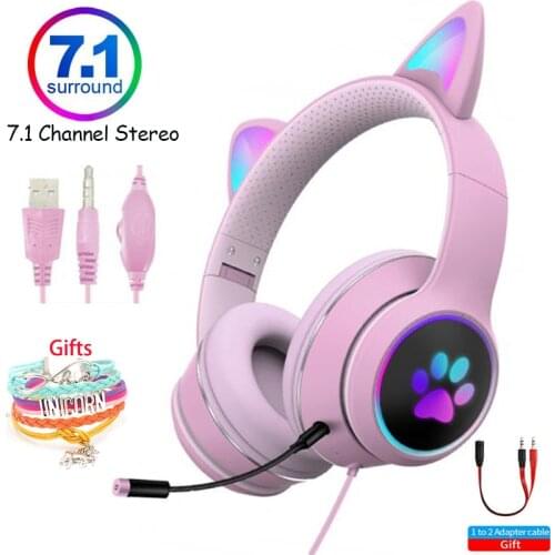 Cat Ears Gaming Headset Girls Wired Headphone with Mic Noise-Cancelling ,7.1 Channel Stereo for PS4/Phone/PC Gamer Headset fones