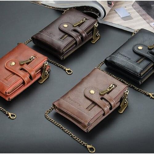 High Quality Mens Wallet Genuine Leather Short Male Wallet Multi-card Male Purse Zipper Poucht Retro Three Fold Chain Money Bag