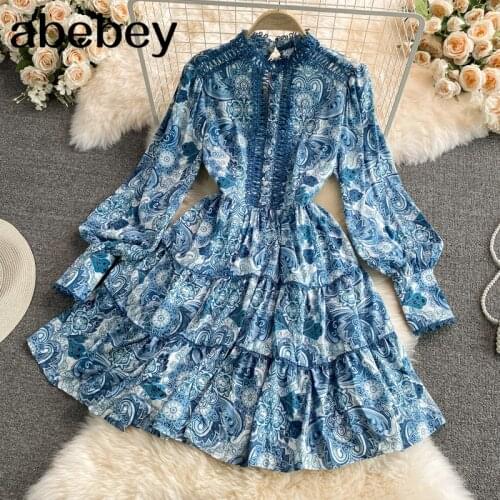 2021 New Spring Summer Vintage stand collar Lantern Sleeve Dress hollow out hook lace patchwork high waist pleated waist Dress