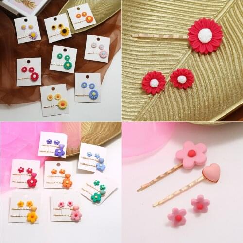 Fashion craetive barrettes & earrings jewelry set for women with inlay resin flower / heart design female hair Pins & Kolczyki