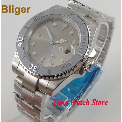 BLIGER 40mm Automatic wrist watch men waterproof steel bracelet Grey dial luminous date sapphire ceramic Bezel japan B146