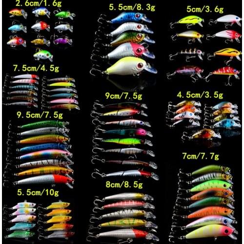 83pcs/lot Fishing Lures Set Mixed 10 Varisized Model Fishing Bait 83 Colors High Quality Minnow/VIB/Crank bait Mix