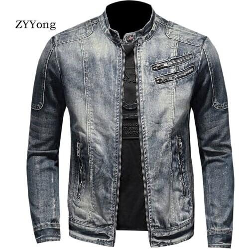 New European Style Stand Collar Bomber Pilot Blue Denim Jacket Men Jeans Coats Slim Motorcycle Casual Outwear Clothing Overcoat