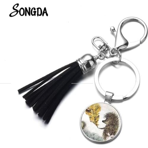 Newest Hedgehog In The Fog Tassel Keychain Lovely Cartoon Animal Hedgehog Art Photos Key Chain Handmade Fashion Key Ring