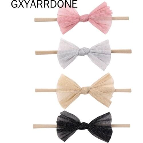 2019 New 4pcs/lot Nylon Headband For Kids 3" Gitter Mesh Hair Bow Elastic Soft Solid Girl Trendy Hair Accessories For Women
