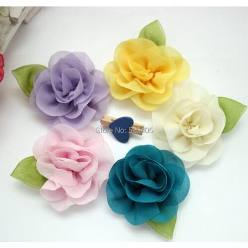 New flowers for shoes baby headbands hair made chiffon flower with leaf women hair flower wholesale 50PCS