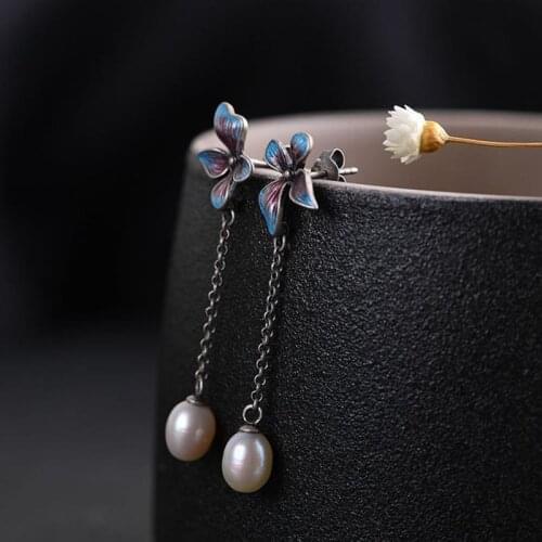 Original design cloisonne enamel porcelain craft long pearl earrings Chinese retro elegant charm womens silver jewelry