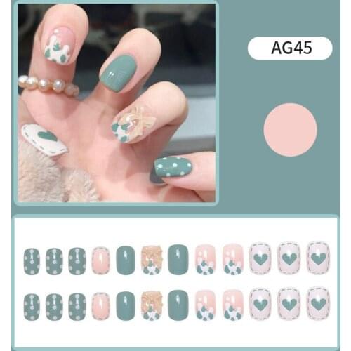 24pcs Cow Pattern Nail Patch Bean Green Glue Type Removable Short Paragraph Fashion Manicure False Nail Patch SANA889