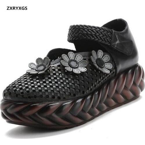 Classic Flowers Platform Heighten Shoes Women Fashion Shoes High Heels Spring Summer Shoes Sandals Hollow Genuine Leather Shoes