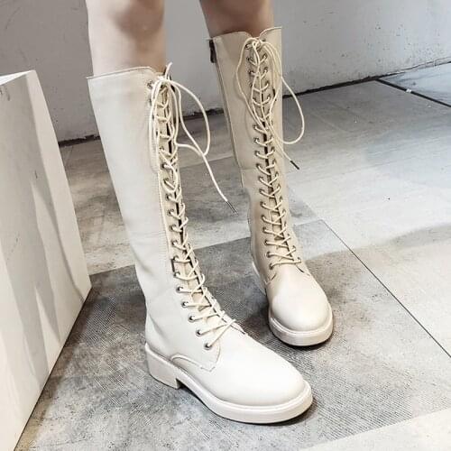 Lucyever Square Heels Knee-high Boots Women Autumn Thin Velvet Square Heels Motorcycle Boots Woman Lace-up Zipper Ladies Shoes
