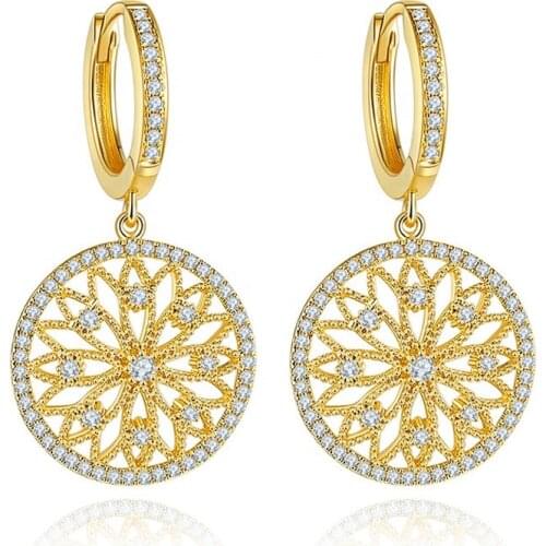 Huitan Luxury Gold Color Hollowed-out Flower Women Drop Earrings Inlaid Brilliant Cubic Zirconia Female Wedding Fashion Jewelry