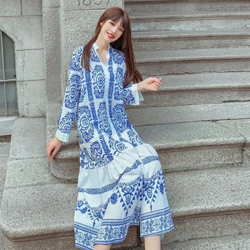 Chinese Style Retro Blue And White Porcelain Printing Long-Sleeved Loose Mid-Length Dress Korean Version Of Instagram Dress