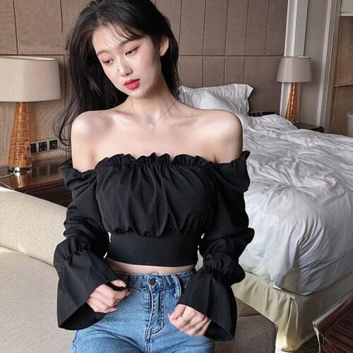 Women Top Sexy Blouse Off Shoulder Top Long Sleeve Solid Color White Shirt Puff Sleeve Ruffle Tunic Crop Top Summer Tube Top hr