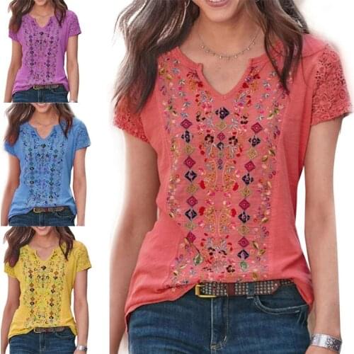 Women Hollow Out Lace Short Sleeve T-Shirts Sexy Notched V-Neck Casual Loose Tunic Tops Boho Geometric Floral Print Summer Tees