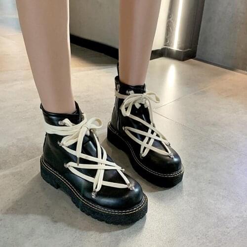 Ankle Black Boots Mujer Winter Low Heels Platform Lace Up Oxford Shoes Increase Casual Snow Chunky Motorcycle Boots Size 35-39