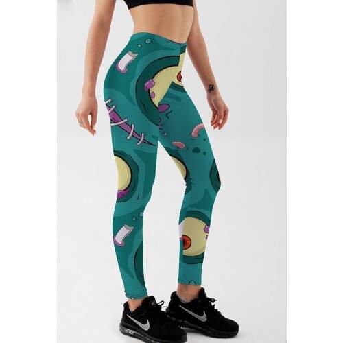 Qickitout 12% Spandex Cartoon Elasticity Workout Cyan Leggings Women Printed Comic Monster Games Leggings Push Up Pants