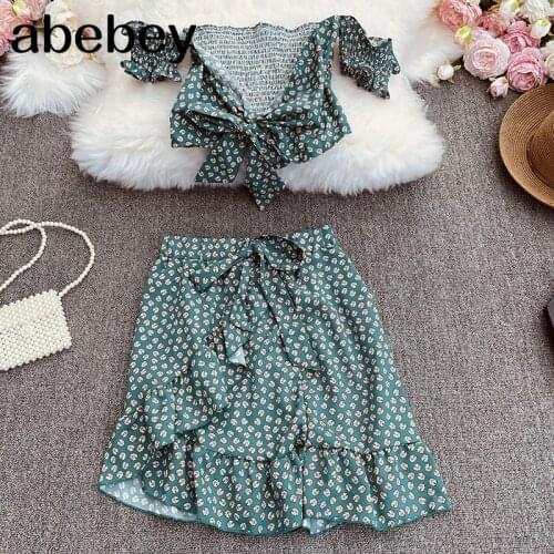 2021 New Summer Women Fashion sexy V-neck Lace Up Blouse Top + high waist slim Ruffle Skirt 2-piece set