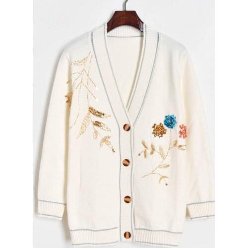 Cardigans Knitted For Sweater Women Sequined Floral Casual V-Neck Long Sleeve High Quality Outwear Korean Clothes Top pull femme
