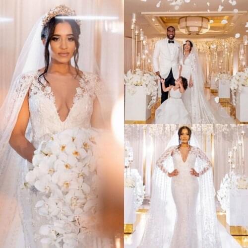 2020 Lace Mermaid Wedding Dresses with Wrap Sheer V Neck Applique Mermaid Wedding Gowns vestido de novia Customize Bridal Dress