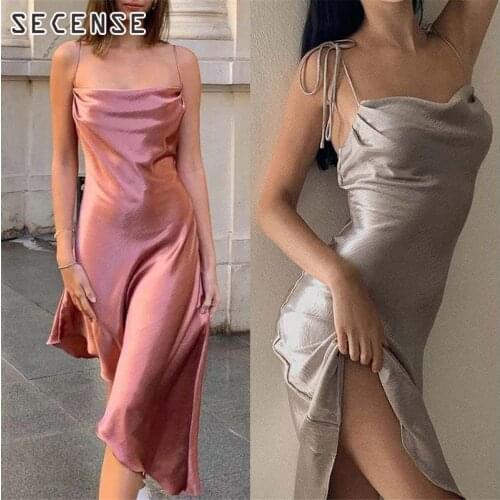 Women Dress Satin Solid Draped Lace Up Dresses Sleeveless Spaghetti Strap Dress Backless Bodycon Silk Loose Ruffles Midi Dress