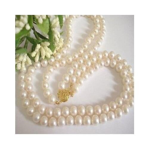 2 ROW 7-8mm NATURAL AKOYA WHITE PEARL NECKLACE 17-18INCH 14k t