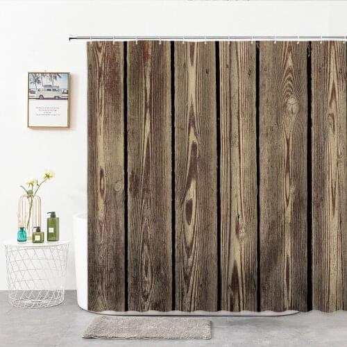 3D Wood Grain Shower Curtains Fabric Dark Brown Planks Texture Background Cloth With Hooks Decor Bath Curtain Bathroom Supplies