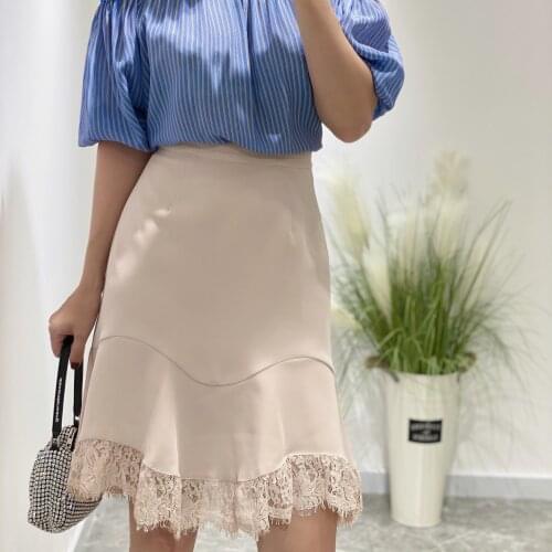 Black ruffle lace trim women trumpet mermaid skirt 220255021